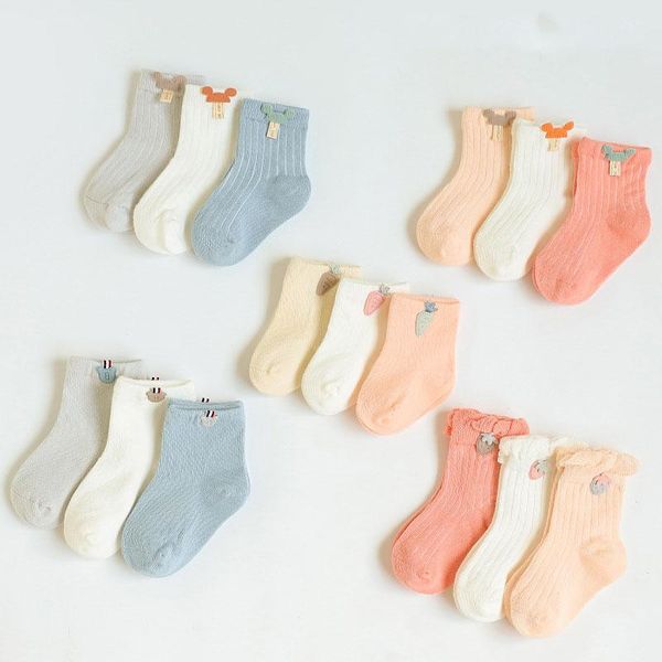 

socks 3 pairs / lot baby children cotton thin section solid color boys girls infant born accessories, Pink;yellow