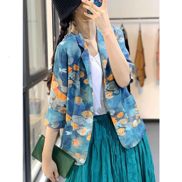 

women's jackets summer arts style women half sleeve loose vintage print blazer femme coat single button cotton linen blazers m179, Black;brown