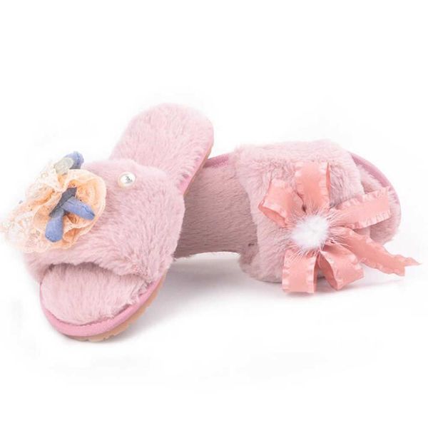 

women plush home slippers cute butterfly-knot fur warm flat girls shoes slip on autumn winter indoor furry ladies slides xx513 210625, Black