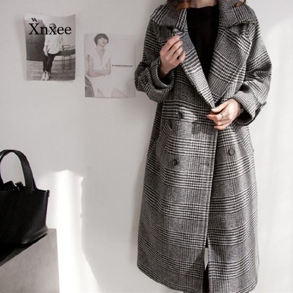 

women's wool & blends 2021 plaid jackets women coat loose long double breasted fashion female coats spring autumn outerwear trench over, Black