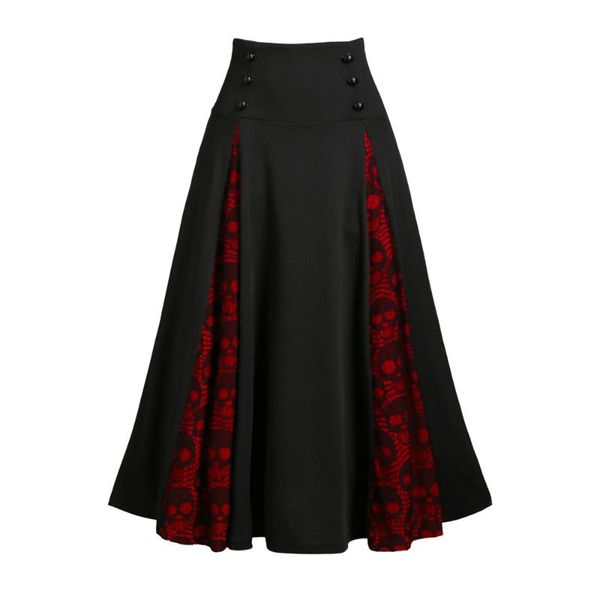 

arrivals halloween skull lace insert mock button lace-up women skirt patchwork high waist ladies retro gothic skirts, Black
