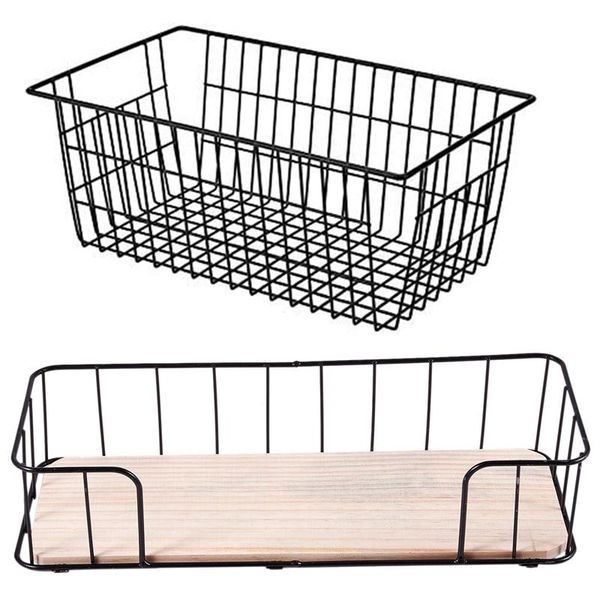

1x wooden iron wall shelf mounted storage rack organizer black-a & 2 pack wire baskets(black) kitchen organization