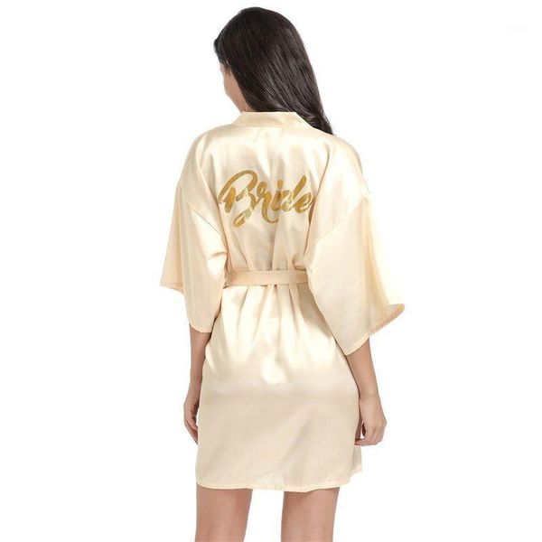 Mulheres Sleepwear Glitter Letra de Ouro Noiva Cetim Curto Robe Mulheres Partido Nupcial Hen Kimono