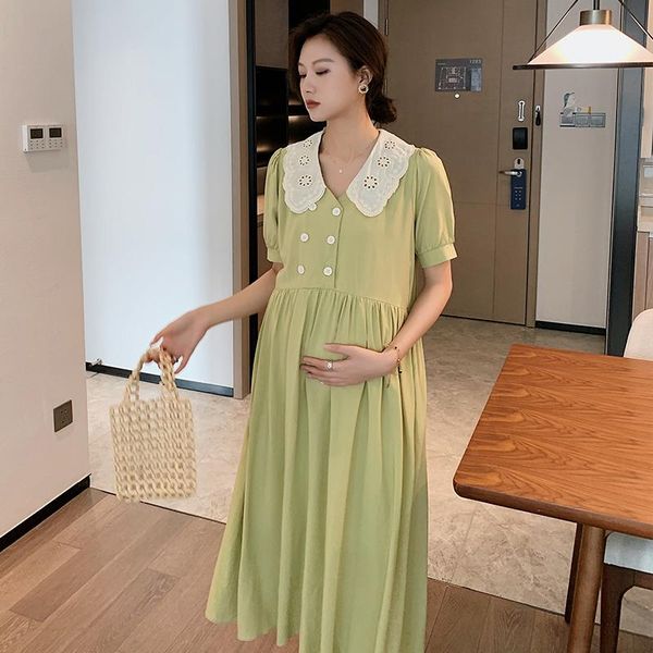 

maternity dresses 1869# clothes summer short sleeves button open turn down collar loose stylish dress pregnant women mom, White