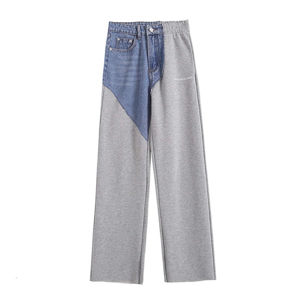 

denim stitched grey pants women's autumn net red high waist thin wide leg, Blue