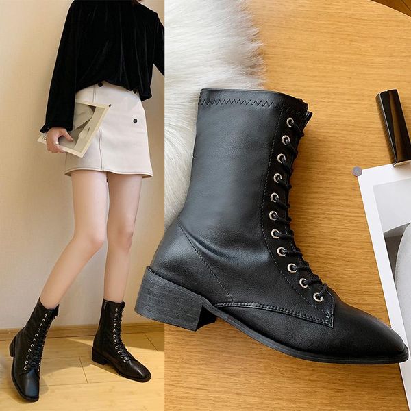 

boots fad autumn winter casual shoes woman solid black leather classic female lace up zipper ankle