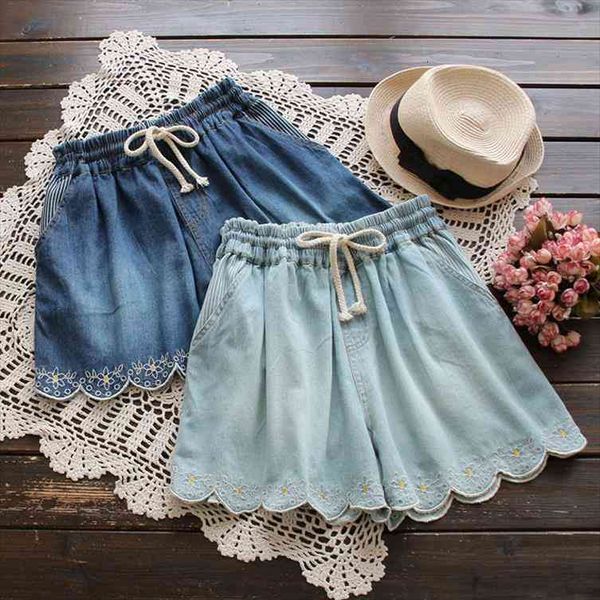 

0304 spring summer big size womens jean japan style embroidery decoration short jeans elastic waist denim shorts pants, Blue
