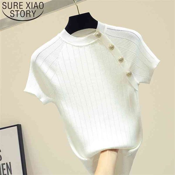 

korean thin knitted white shirts button short sleeve women summer solid casual female tee shirt femme 8783 50 210506