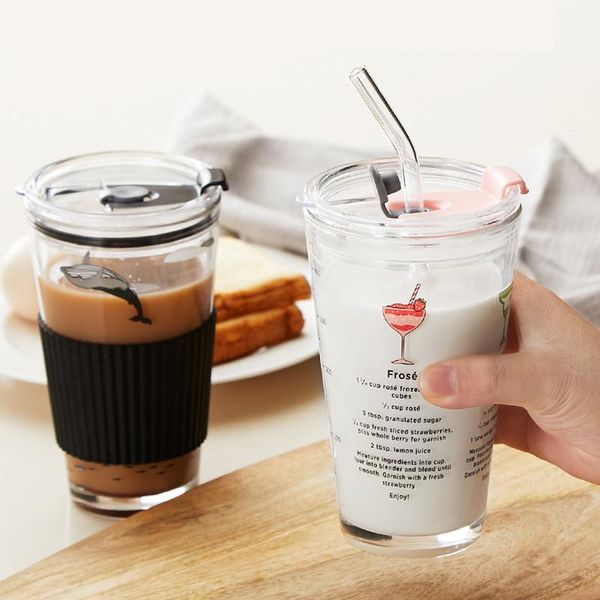 

mugs 450ml heat-resistant scale car water milk insulation non-slip cover straw set travel glass mug coffee cup