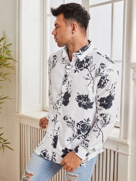 

extended sizes men floral print shirt 83ef#, White;black