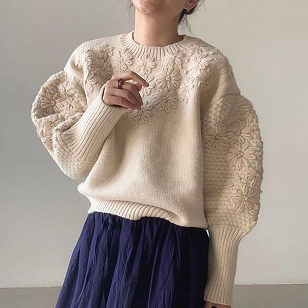 

women's knits & tees korean chic autumn french heavy industry embroidery three-dimensional small flower sweater pullover long sleeve, White