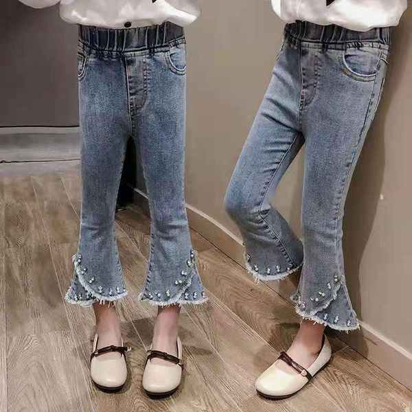 

jeans children's wear 2021 spring and autumn girls' jeans, teen girls pearl flare tight fitting pants 6 kids' denim, Blue