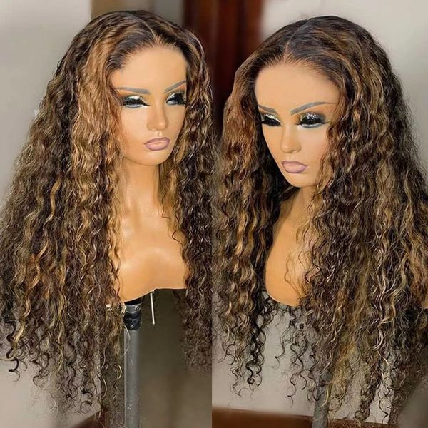 Destaque Ombre Marrom Colorido Peruca Kinky Curly Renda Frente Perucas Sintéticas Simulação Humano Cabelo Para Mulheres