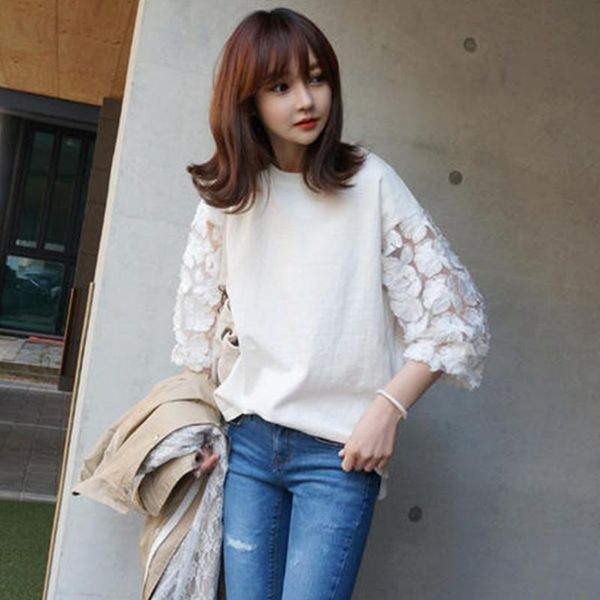 

women's blouses & shirts summer mesh sleeve flower shirt women fashion o-neck three quarter solid white ladies casual loose blouse tee