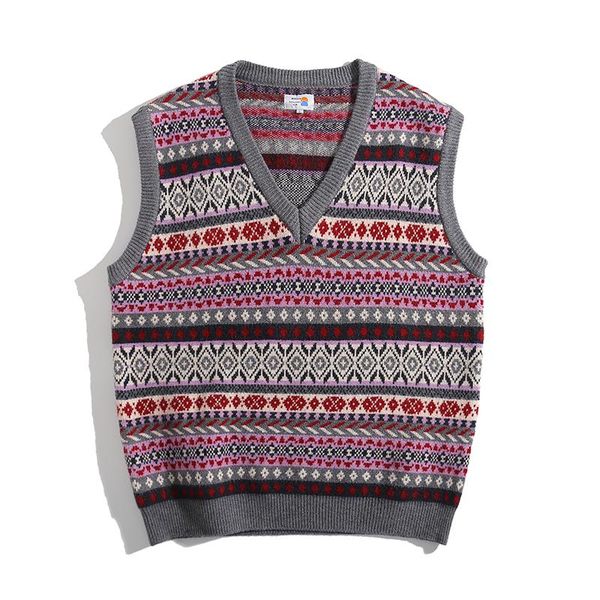 

men's vests v-neck ethnic jacquard waistcoat and knit waistcoat, japanese retro sweater, Black;white