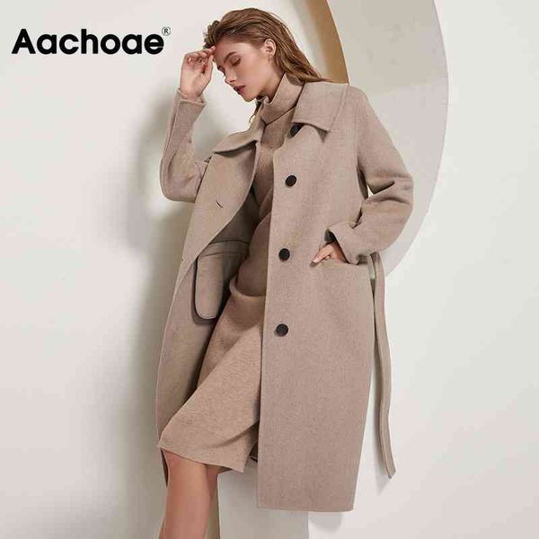 

aachoae women long wool coat with belt autumn winter turn down collar office ladies overcoat single breasted solid coat 210413, Black