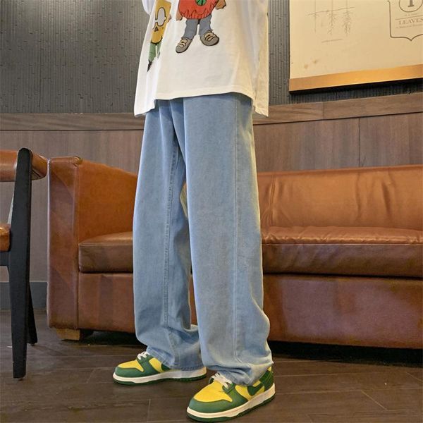 

men's jeans loose straight korean fashion high street hip hop male wide leg ripped skinny denim pants, Blue