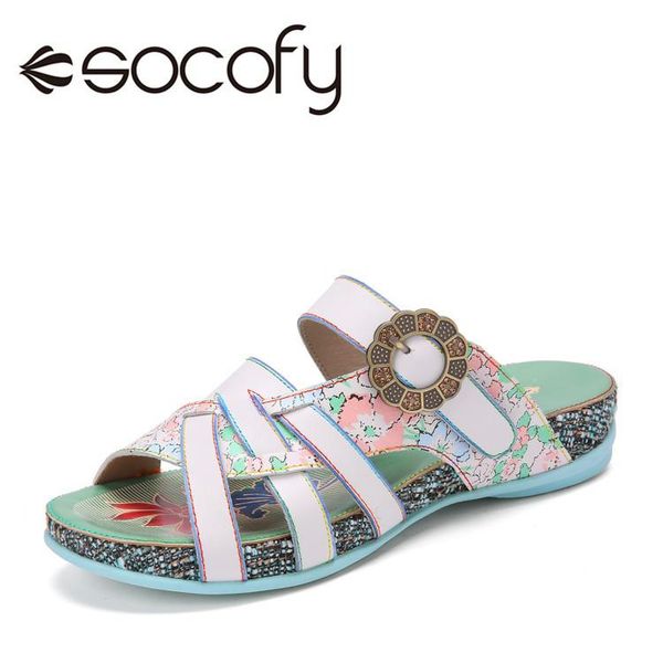 

sandals socofy retro floral print cross strap genuine leather metal buckle hook loop sling back comfy soft flat, Black