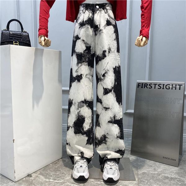 

women's jeans [ewq] 2021 autumn ladies vintage tie-dye all-match high waist loose straight wide leg denim trousers women qb822, Blue