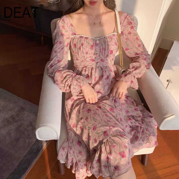 

[deat] summer fashion square collar high waist long sleeve printing loose temperament elegant dress women 13q182 210527, Black;gray