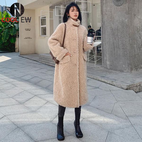 

women's fur & faux ptslan 2021 genuine shearing coat winter fashion medium style female natural wool outerwear warm good qualityp7515, Black