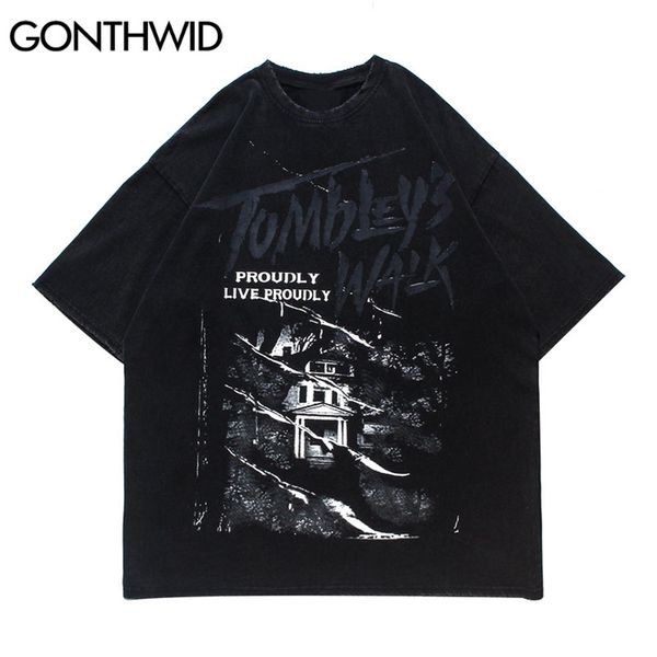 

oversized t-shirts hip hop distressed punk rock gothic tshirts casual loose harajuku streetwear short sleeve tees 210602, White;black
