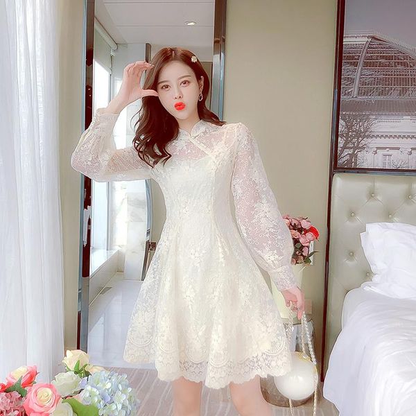 

casual dresses sweetxue spring autumn elegant stand collar lace long sleeve mini party dress ladies lovely clothes 2021 vestidos, Black;gray