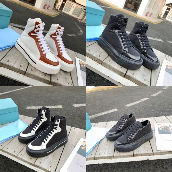 Erkek Tasarımcı Ayakkabı Kadınlar Makro Yeniden Naylon Ve Fırçalanmış Deri Yüksek Üst Sneakers Düşük Üst Platformu Eğitmenler Siyah Beyaz Rahat Ayakkabılar En Kaliteli Kutusu Ile