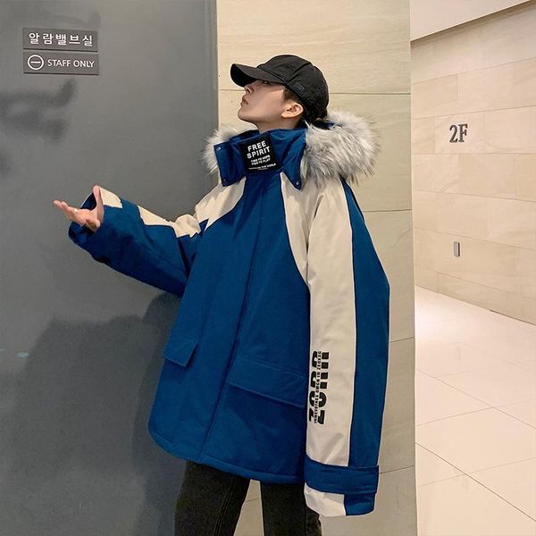 

Men's Down & Parkas Winter Couple Thickened Warmth Large Fur Collar Male Coat Cotton-padded Jacket Long Fashion Handsome Tooling RXB2, Black