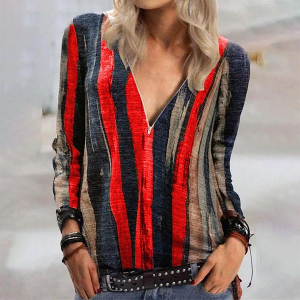 

women's t-shirt fashion striped zipper v-neck shirts for women autumn casual loose long sleeve t-shirts female mujer, White