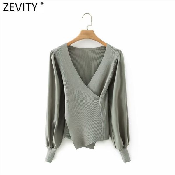 

women fashion cross v neck solid chiffon sleeve patchwork knitting smock blouse female shirt chic blusas ls7701 210420, White