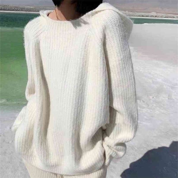 

winter spring women sweaters pullovers hooded minimalist oversize korean style elegant ladies sw1268jx 210427, White