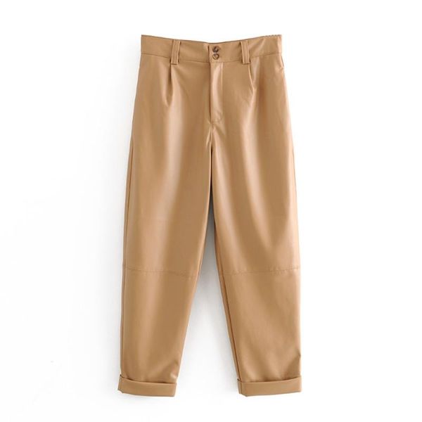 

women's pants & capris 2021 spring retro high waist loose pu casual pocket trimming decorative hem faux leather, Black;white