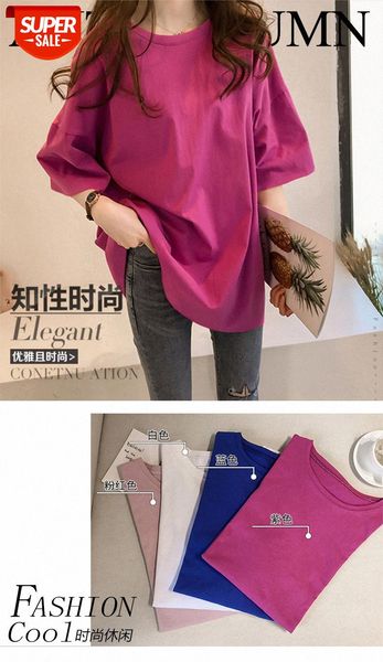 

new korean version loose bf harajuku style solid color shirt student short-sleeved large t-shirt female mid-length #tw7x, White