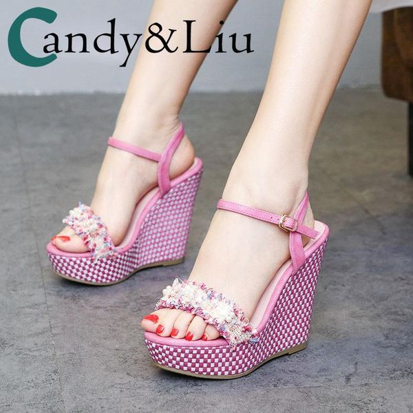 

summer slope-heeled women's sandals, high-heeled waterproofing platform, pearl fashion small size shoes, 2021 sandals, Black