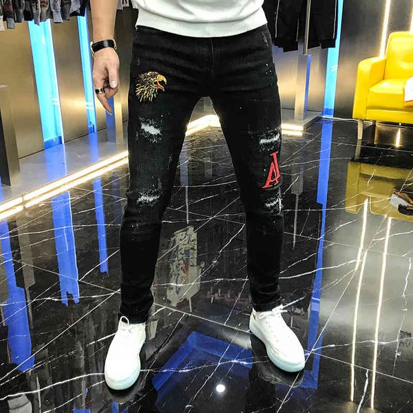 

jean autumn jeans with and holes eagle letter embroidered black thin male leggings elastic youth mid-waistline pants, Blue