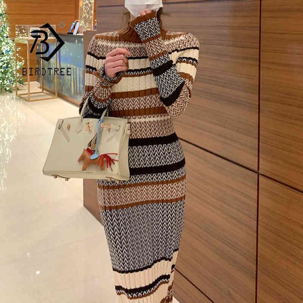 

autumn winter striped dress retro slim women sweater o-neck knitted female midi jumpers d12101x 210419, Black;gray