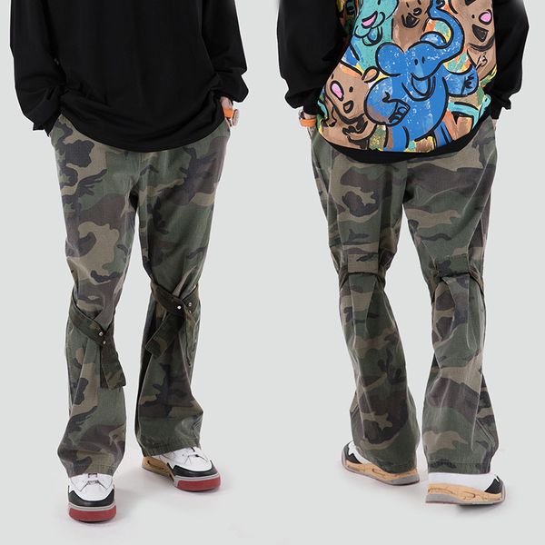 

high street knee ribbons camouflage cargo pants mens drawstring straight loose casual flare pants hip hop baggy trousers, Black