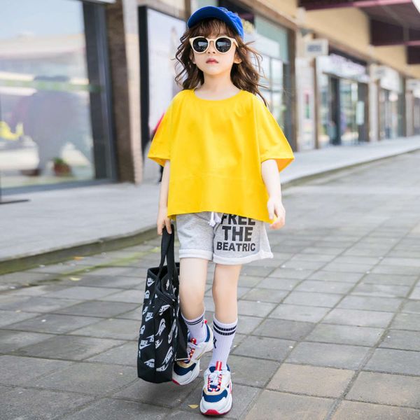 

girls' summer suit children's batshirt short sleeve girls' casual shorts chinese university children's korean goods, White