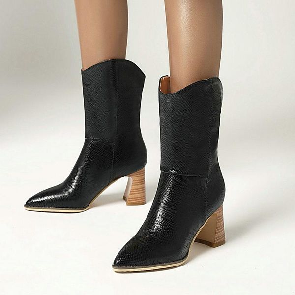 

boots fashion texture snake grain leather personality pointed thick heel women short comfortable western winter ankle boot, Black
