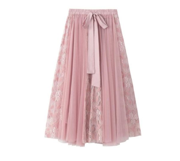 

skirts bow tie lace embroidery stitching mesh skirt, Black