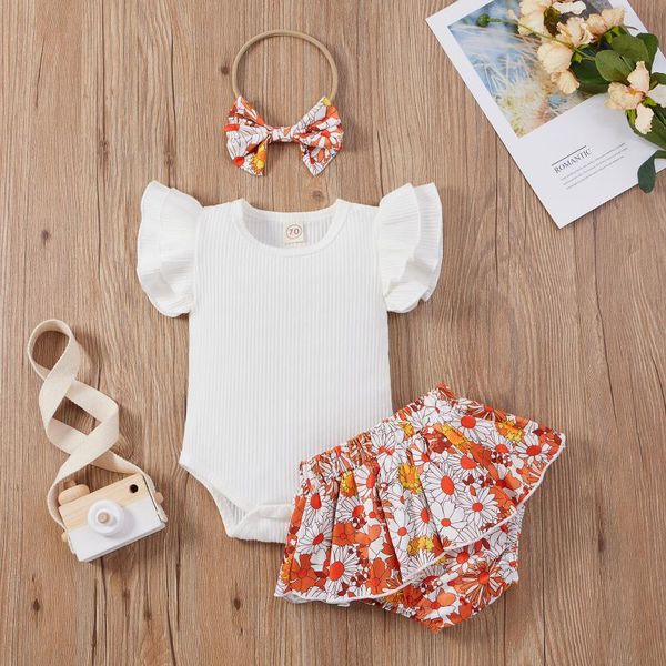 

clothing sets baby summer girl solid clothes kids short sleeve romper born jumpsuit+girls sunflower tutu shorts 3pcs outfits set, White
