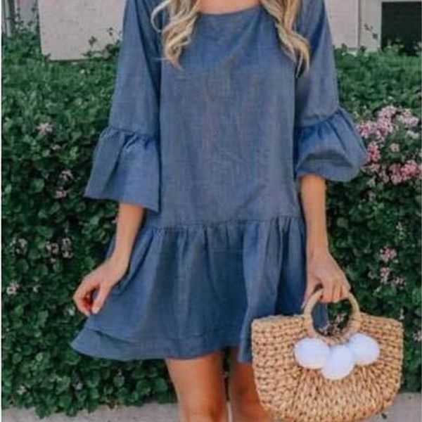 

denim crew neck flare sleeve s, Black;gray