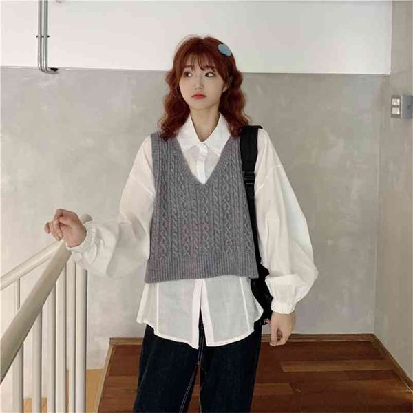 

spring autumn women's sweater korean the retro solid color v-neck knitted vest loose and thin wild vests gx743 210507, Black;white