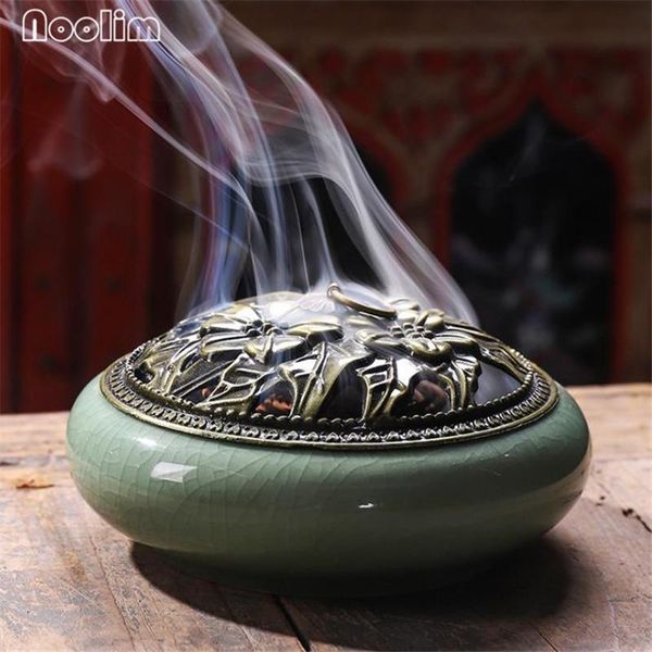 

fragrance lamps green porcelain large size coil incense burner household creative ceramic holder copper hollow cover sandalwood censer