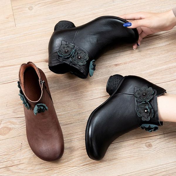 

boots leather women's heel cowhide round thick high short in, Black