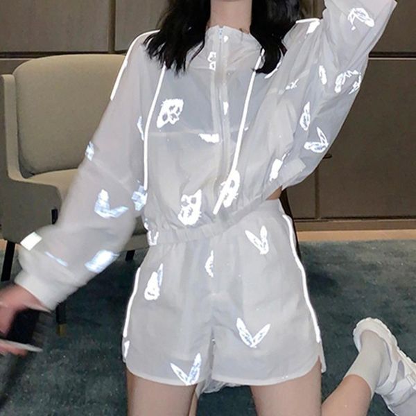 

women's shorts hooded thin loose and short pants butterfly reflective girl streetwear gothic sportswear women summer two piece sets, White;black