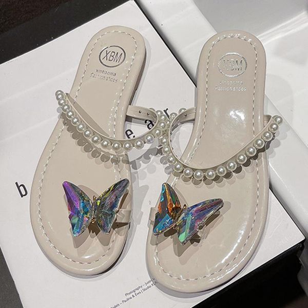 

slippers outdoor women's summer sandals in 2021 butterfly flat bottom string beads pinch toe lovely schoolgirl beach shoes, Black