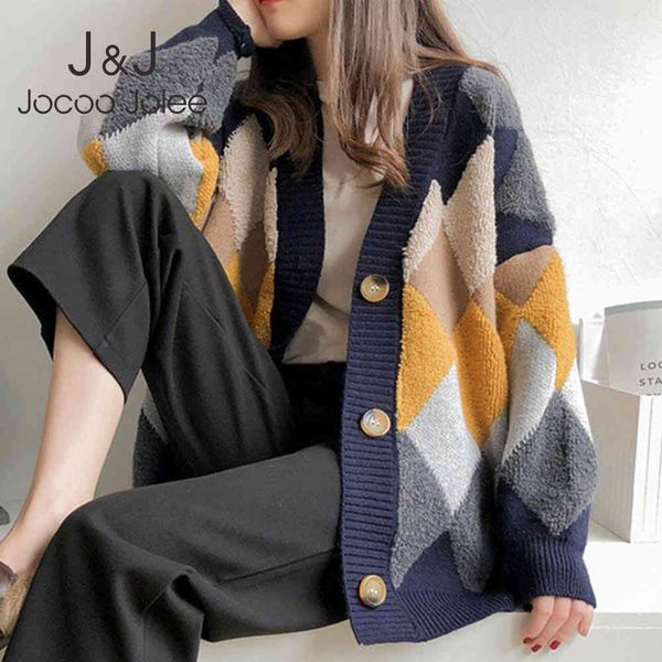 Jocoo Jolee Feminino Cardigan Color Block Outono Inverno Pliad Decote em V Único Seios Manga Puff Suéter Solto Casacos Jaqueta Casual 210518