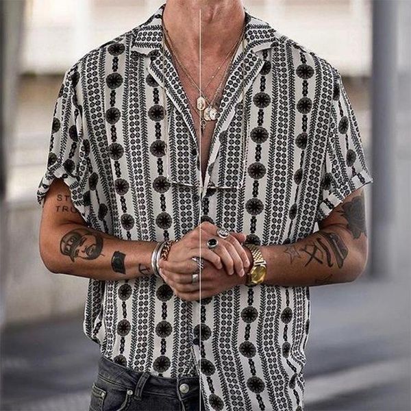 

men's casual shirts summer printed lapel short sleeve, White;black